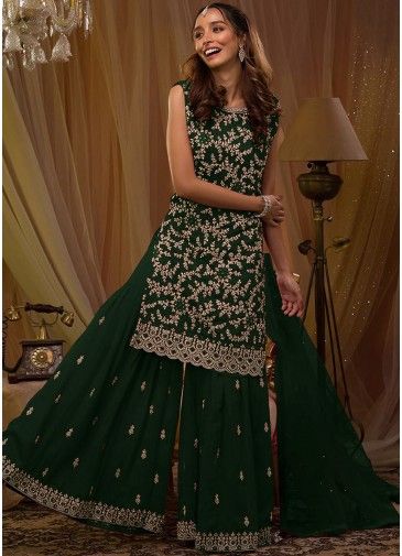 Green Festive Embroidered Suit Set In Georgette