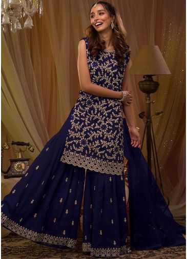 Blue Embroidered Gahrara Suit In Georgette