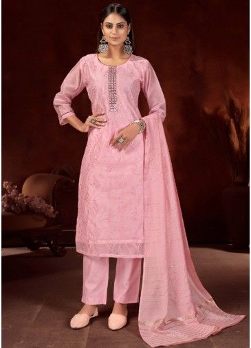Pink Embroidered Pany Suit Set In Chanderi