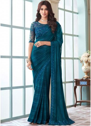 Blue Thread Embroidered Border Saree & Blouse