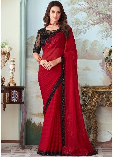 Red Bridesmaid Embroidered Saree With Heavy Blouse