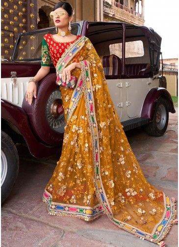 Yellow Net Embroidered Saree With Blouse