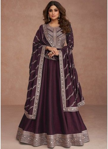Shamita Shetty Purple Anarkali Suit Set In Silk