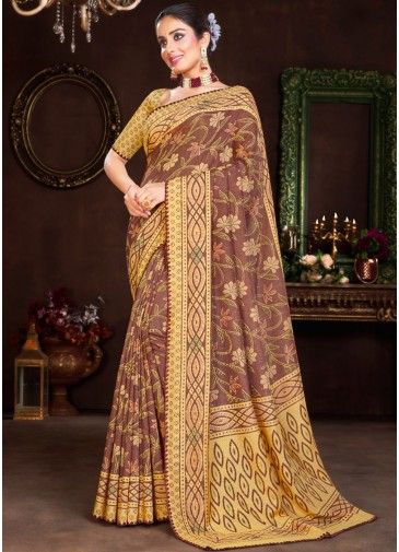 Brown Cotton Traditional Saree With Brasso Work