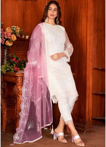 White Net Embroidered Pant Suit Set With Dupatta