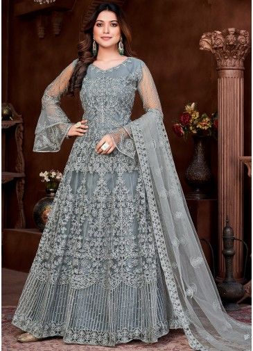 Grey Thread Embroidered Anarkali Suit Set