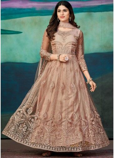 Peach Embroidered Net Abaya Style Suit Set