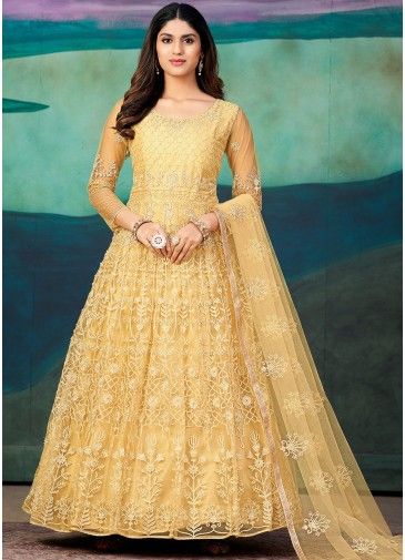 Yellow Anarkali Suit In Thread Embroidery
