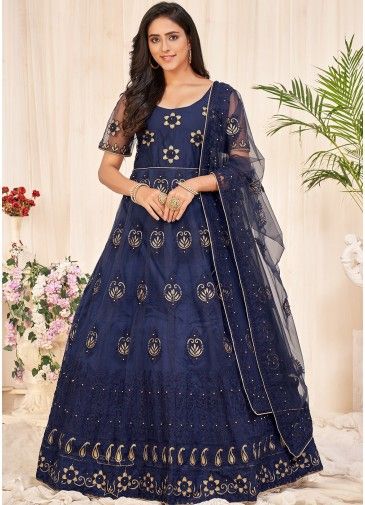 Navy Blue Thread Embroidered Anarkali Style Suit