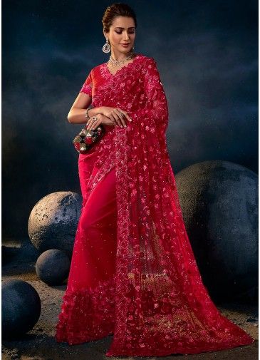 Red Embroidered Border Saree In Net