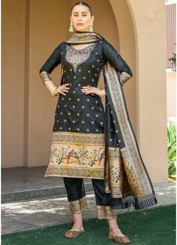 Black Banarasi Silk Pant Suit Set Banarasi Silk