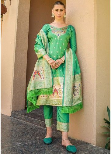 Green Banarasi Silk Pant Suit Set