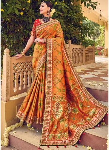 Orange Zari Woven Saree In Silk