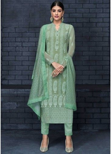 Green Georgette Embroidered Pant Suit Set