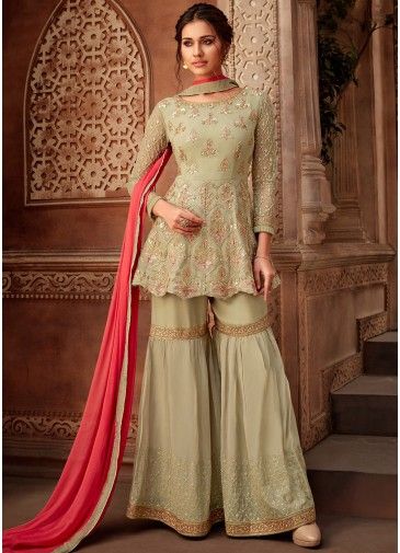 Green Embroidered Sharara Suit Set