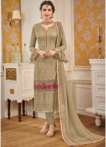 Green Embroidered Straight Cut Suit Set