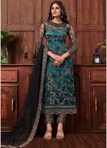 Blue Embroidered Net Pant Suit Set