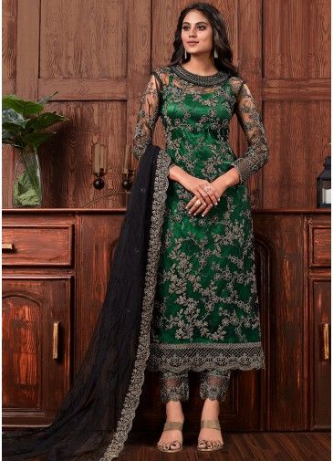 Green Net Embroidered Pant Style Suit