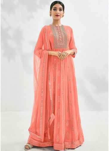 Orange Thread Embroidered Anarkali Style Suit