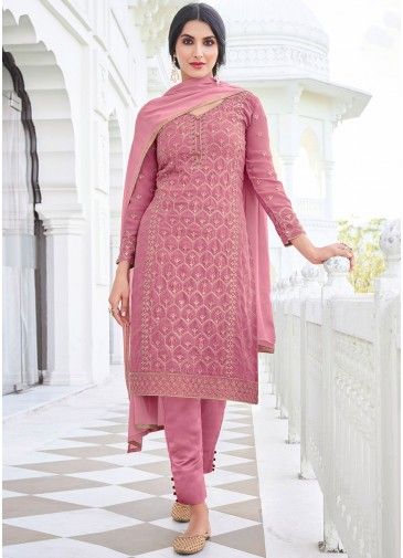 Pink Embroidered Pant Suit Set In Georgette