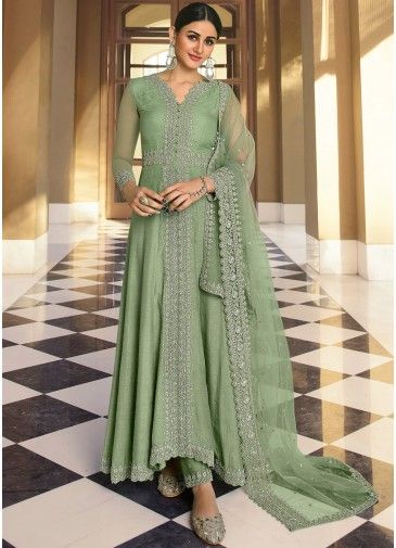 Green Embroidered Art Silk Anarkali Suit