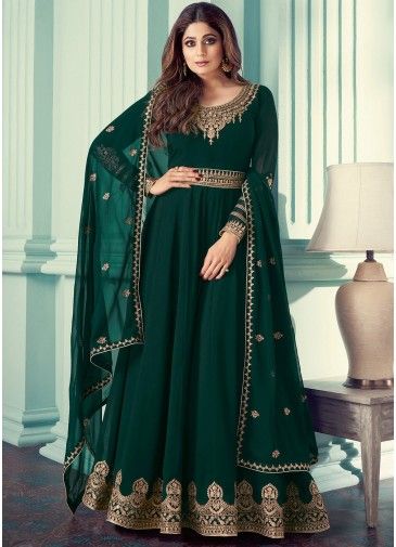 Shamita Shetty Green Embroidered Anarkali Suit