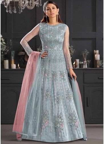 Blue Embroidered Net Anarkali Style Suit