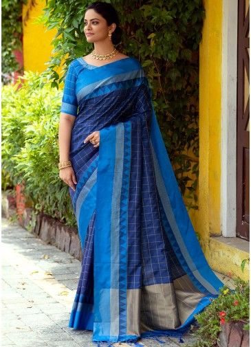 Blue Zari Woven Classic Style Saree In Art Silk