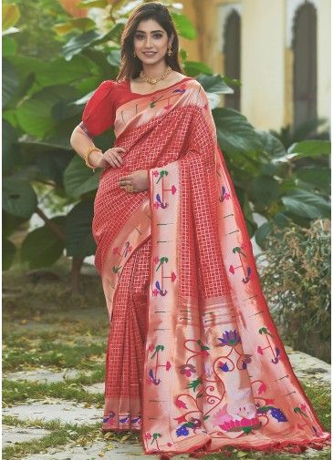 Red Woven Paithani Silk Saree & Blouse