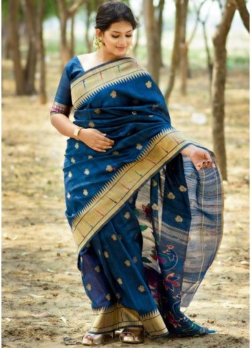 Blue Tussar Silk Zari Woven Saree