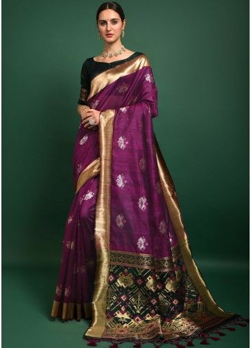 Purple Woven Tussar Silk Saree