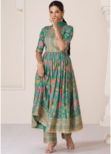 Readymade Green Floral Printed Anarkali Suit & Dupatta