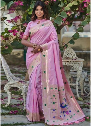 Pink Zari Woven Traditional Saree With Blouse