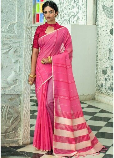 Pink Bridesmaid Linen Saree With Zari Woven Theme