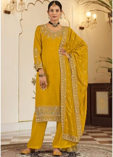 Yellow Sequins Embellished Pant Suit Set In Art Silk