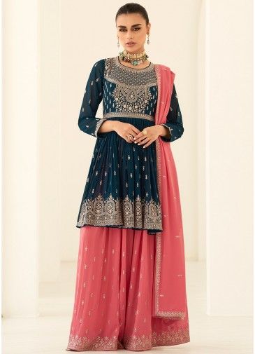Blue Embroidered Flared palazzo Suit Set