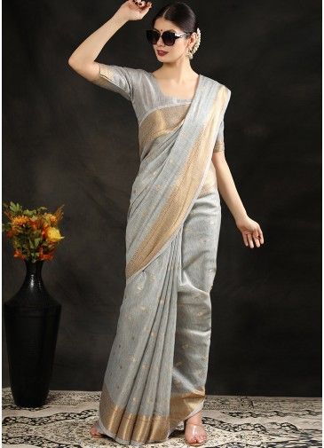 Grey Art Silk Saree In Zari Woven