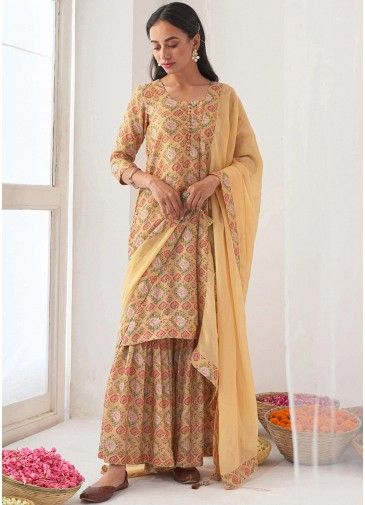 Readymade Yellow Digital Floral Print Gharara Suit