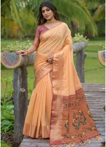Orange Linen Saree With Woven Pallu