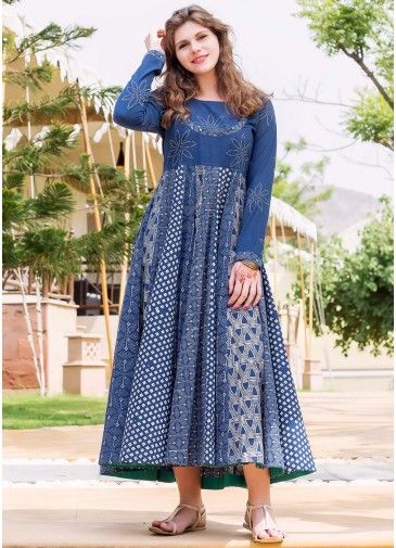 Indo Western Block Print Readymade Blue Dress