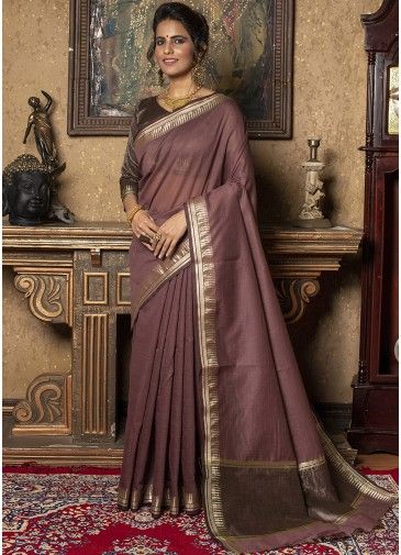 Pink Linen Saree & Blouse In Woven Work