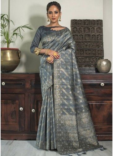 Grey Zari Woven Classic Style Saree In Tussar Silk