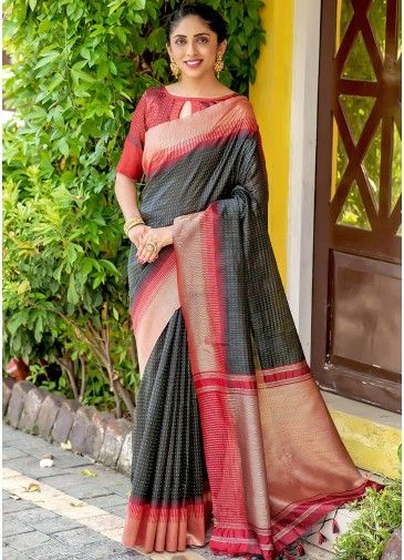 Black Heavy Pallu Saree In Art Silk