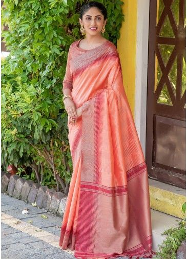 Orange Zari Woven Saree In Art Silk