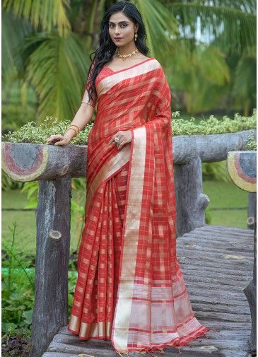 Red Woven Strippes Organza Saree