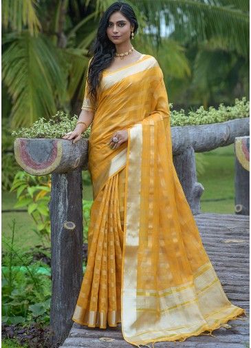 Yellow Organza Saree In Woven Strippes