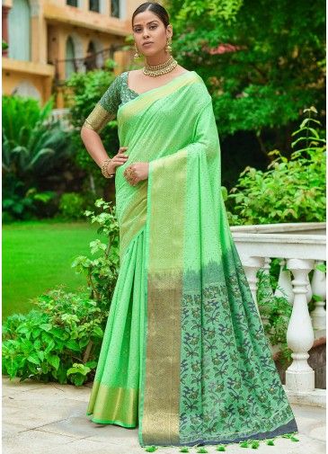 Green Bandhej Printed Saree In Linen