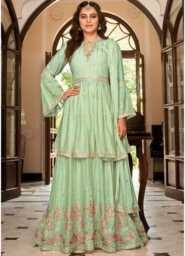 Green Embroidered Sharara Style Suit