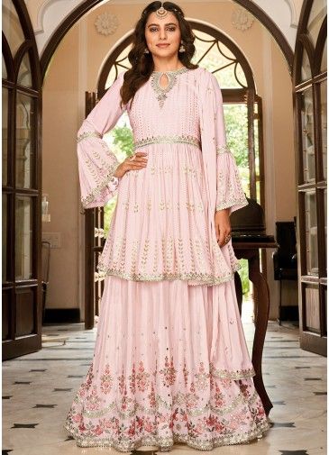 Pink Embroidered Pakistani Style Sharara Suit