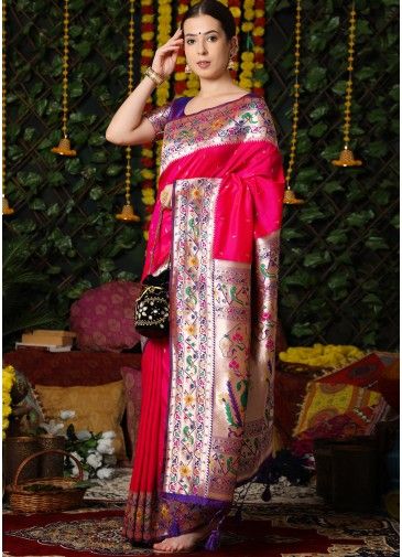 Pink Woven Paithani Saree & Blouse